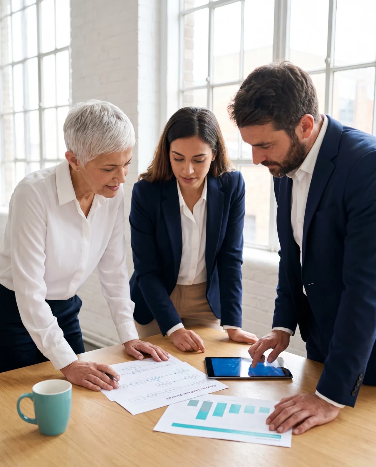 Three Koho consultants reviewing contract workflow diagrams around a table in a bright office.