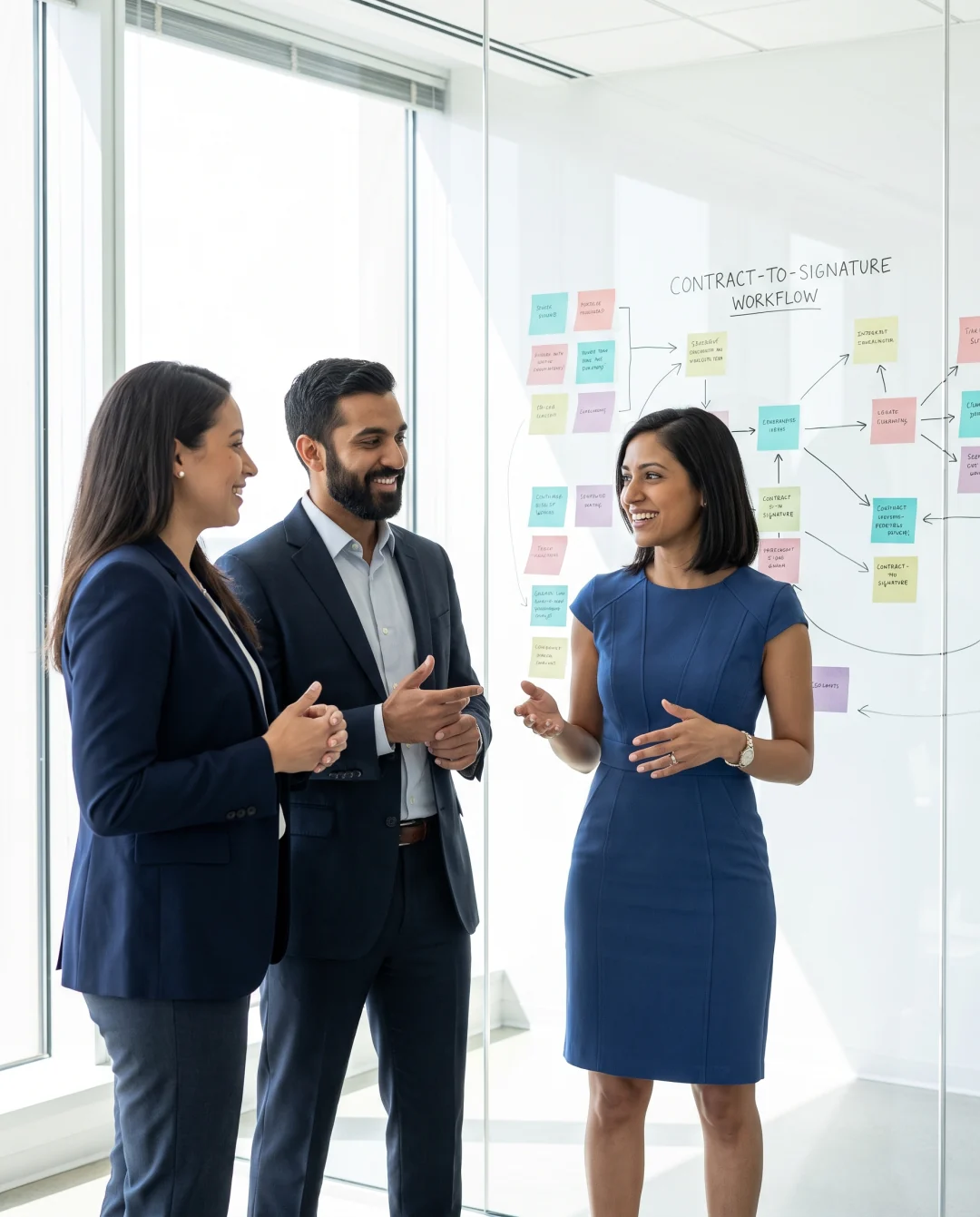 Three Koho consultants mapping a contract-to-signature workflow on a glass wall.